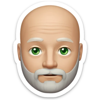 a man with light skin, a bald head, and a well-maintained beard that is darker at the top and greying towards the chin. He has striking light green eyes and a subtle, closed-mouth smile. The lighting highlights his face, and the background is softly blurred, suggesting an indoor setting. sticker