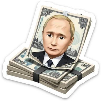 single stack of russian ruble notes with Vladmir Putin's picture on them blown into pieces because of explosion sticker