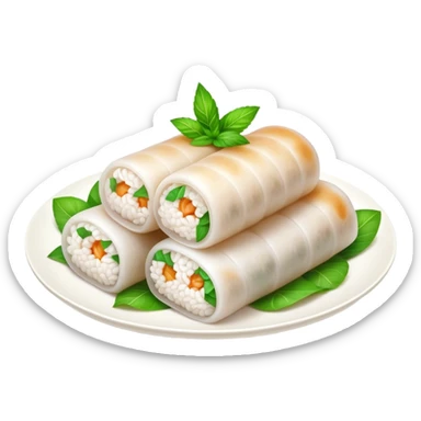 Bánh Cuốn Cinematic Realistic Bánh Cuốn Dish Emoji, depicted as delicate steamed rice rolls garnished with chopped mint on top, rendered with lifelike textures and fresh, vibrant lighting. sticker