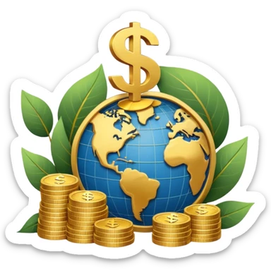 An icon featuring  a dollar sign, and a chart with upward trends, symbolizing economics. The design includes coins, bills, and earth e, representing global trade and financial systems. Transparent background highlights the study of markets, supply, and demand. sticker