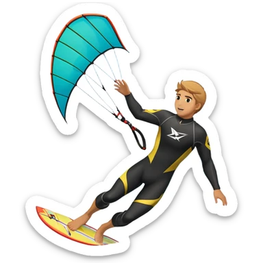 A kite surfer soaring above the waves, holding onto a kite with the wind in full force. The background showcases the ocean and sky, emphasizing the freedom, thrill, and energy of the sport. The motion of the kite and board is dynamic, capturing the excitement of kiting. sticker