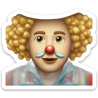un clown au nez rouge avec des long cheveux blond bouclés et un haut chapeau  sticker