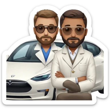 White tesla model 3 with one cool physician with dark blond hair, beard and dark sunglasses next to it sticker