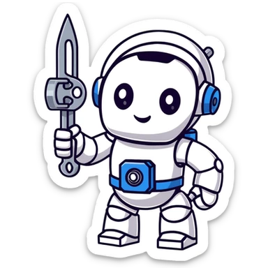 Toy robot holding a wrench sticker
