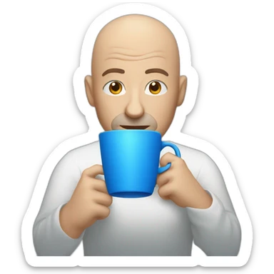 Bald man raising eyebrow, drinking from a blue cup sticker