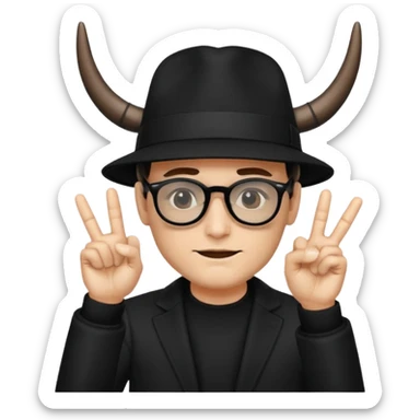 man dressed in black with dark glasses and a black hat making the horns gesture with both hands sticker
