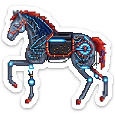 fast electric horse made of electricity, metal plates, bolts, visible blue and red wires, lightning coursing through its body, cybernetic sticker