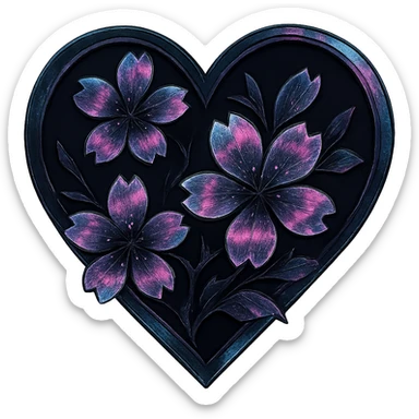 goth sakura heart, holographic effect, iridescent black and pink, futuristic gothic sticker