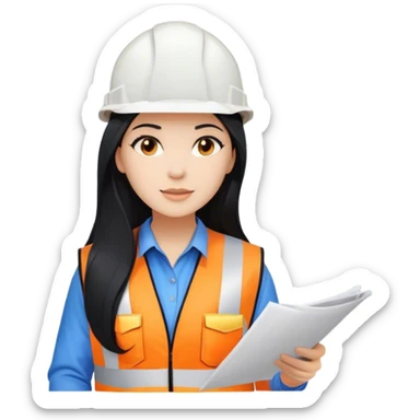 Female civil engineer with long black hair and white helmet wearing blue shirt and an orange safety vest looking at construction plan  sticker