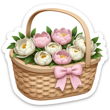 White Picnic basket with light pink bow and white peonies inside sticker