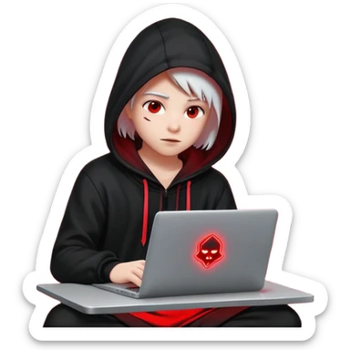 developer behind his laptop with this style : Crytek Crysis Video game neon glowing bright red character red black hooded hacker themed character sticker