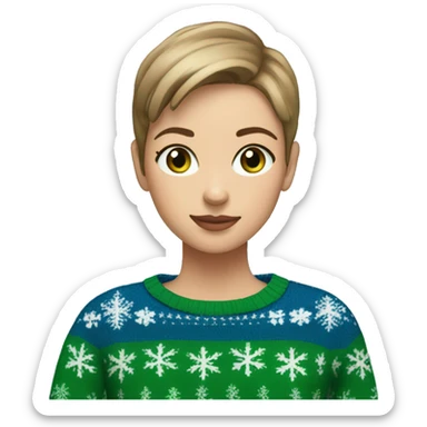 Light brown short haired girl with green eyes drinking coffee wearing blue Christmas sweater sticker