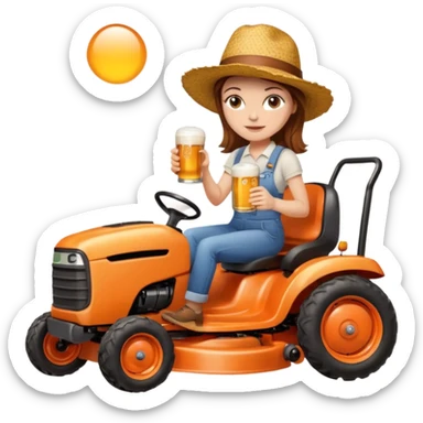 White woman with brown hair, without glasses wearing a straw hat, on old orange ride on lawn mower, holding a beer sticker