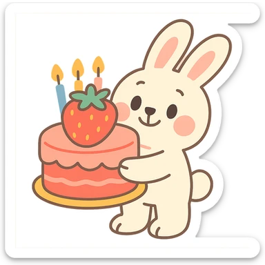cute bunny holding a big strawberry birthday cake with candles, pastel colors sticker