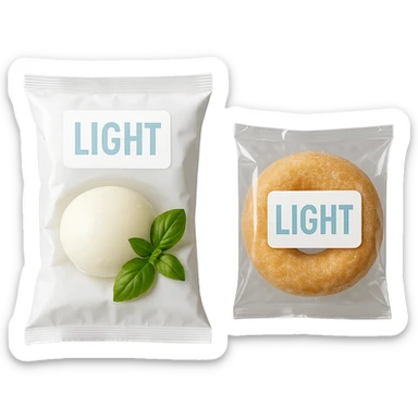 PACCHTTO DI MOZZARELLA LIGHT CON LA SCRITTA "LIGHT" SULLA CONFEZIONE, ACCANTO AD UN DONUT CONFEZIONATO CON LA SCRITTA "LIGHT" SULL'ETICHETTA,  iperrealistico 4k sticker