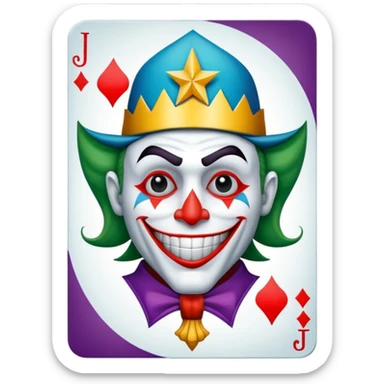 1 poker card, squared, with crazy colorful human jolly joker inside, star symbol with a "J" sticker