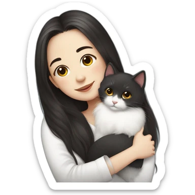 A girl with long dark hair and a white fluffy cat is lying on her left shoulder sticker