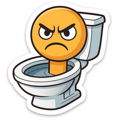 Edit the image so the head emerging from the toilet has an angry expression with furrowed brows and a scowl in emoji style. Keep the background transparent. sticker