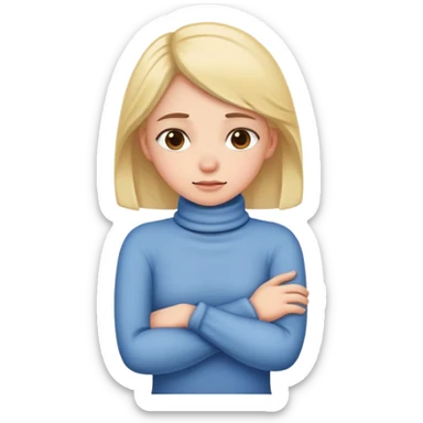 Girl with crossed arms tightly holding neck sticker