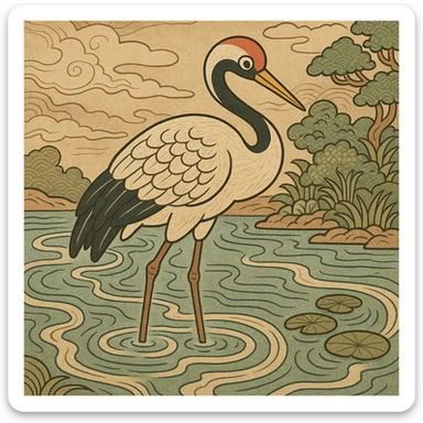 crane bird standing in a pond, ukiyo-e style illustration sticker