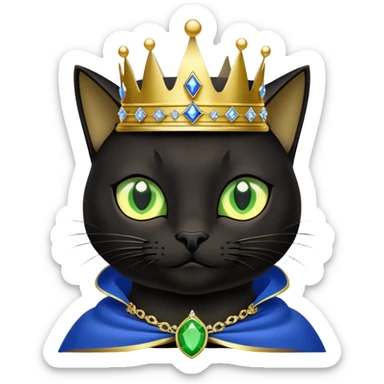 black cat with brilliant neon green eyes wearing a royal blue cape trimmed in gold and a crown with jewels sticker