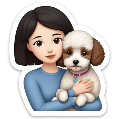 Woman with short black straight hair hugging a brown poodle and a white bichon frise sticker