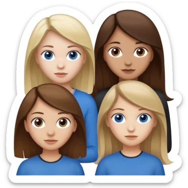 a group of 3 people where two are in the back one in the front -
1. Girl has white skin, brown hair, brown eyes
2. Girl has white skin, dirty blonde hair, blue eyes
3. Girl has tan skin, dark brown hair, dark brown eyes sticker