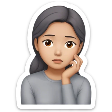 Asian woman wearing gray blouse feeling worried while resting her chin on her right hand sticker