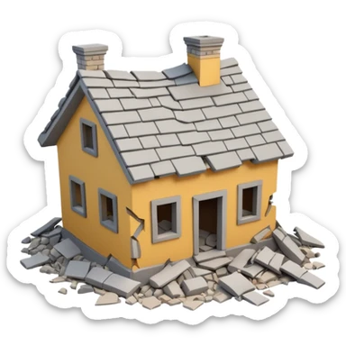 3D iPhone style emoji of a completely destroyed house, heavily damaged, collapsed into rubble, broken walls and roof scattered into debris, isolated on white background, soft shadows, high detail, playful and cute. sticker