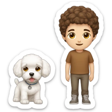 a boy with brown hair with a white dog bichon maltes sticker