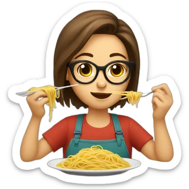 Girl with brown hair and glasses eats spaghetti sticker