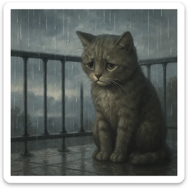 A sad cat sitting on a balcony, looking outside while it rains, with visible raindrops and a gloomy atmosphere. sticker