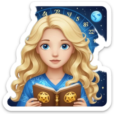 A long wavy haired blonde girl with blue eyes holding a astrology natal chart. sticker