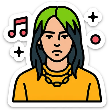 minimalist icon of Billie Eilish with signature green roots, neutral face, pop music theme sticker
