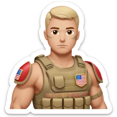 generate realistic manly white american soldier in body armor and full uniform with small usa flag on shoulder sticker