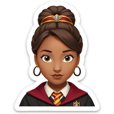Tiana Benjamin is Angelina Johnson in harry potter, wear hogwarts gryfindor uniform,  thick, brown 1 knot bun hair , reflecting her bold, stylish, and strong personality sticker