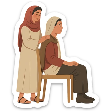 Add a woman standing behind the man, both dressed in first century Middle Eastern outfits with Middle Eastern skin tones. Remove the background for transparency. Maintain the original style but adapt to these historical and cultural details. sticker