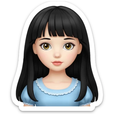 Doll girll, black hair with bangs, slightly wavy, very long hair,long eyelashes, black eyes. sticker