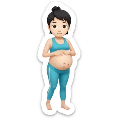 pregnant asian boy with short messy black hair wearing a sports bra with leggings holding his belly sticker