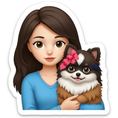 A brunette girl holding a Pomeranian dog who has black face but in the middle it’s white line sticker