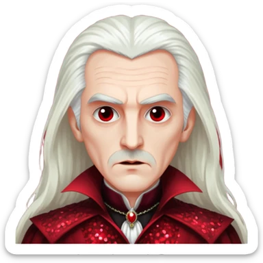 Count Dracula with long white hair, dark red sequin outfit  sticker