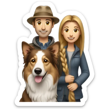 white family group consisting of man in hat and woman with long hair in ponytail and small birder collie dog sticker