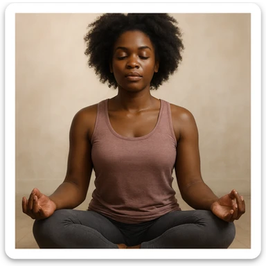 realistic style portrait of a black woman meditating, sitting in lotus position, with a soft background sticker