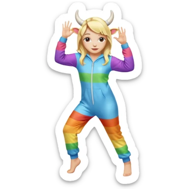 Cute blonde girl dancing legs in a rainbow onesie with cow horns  sticker
