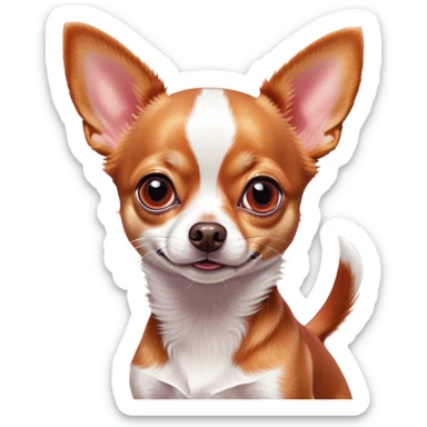 Cinematic Cute Red/White Short Haired Chihuahua Portrait Emoji, Head tilted playfully and inquisitively, smooth red and white fur with a vibrant sheen, round, sparkling dark eyes filled with curiosity, Simplified yet irresistibly adorable features, highly detailed, glowing with a warm, friendly glow, high shine, affectionate and lively, stylized with a touch of whimsy, bright and endearing, soft glowing outline, capturing the essence of a mischievous yet loving pup, so playful it feels like it could bound out of the screen and into your arms! sticker