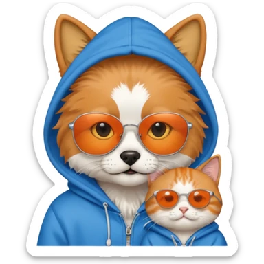 Dog wearing a hoodie and sunglasses with a cat sticker