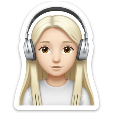 A girl has long straight white gold hair and wears white headphones sticker