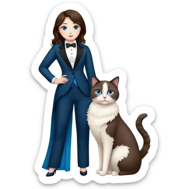 curvy brunet with blue eyes holding a ragdoll cat in a tuxedo sticker