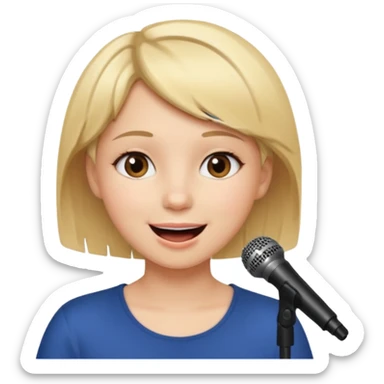 Crea una chica cantando con pelo rubio corto con ojos cafes  sticker