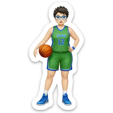 full body white plus size women basketball player with short spiky dark hair with added blond highlights wearing blue glasses wearing green and blue uniform sticker